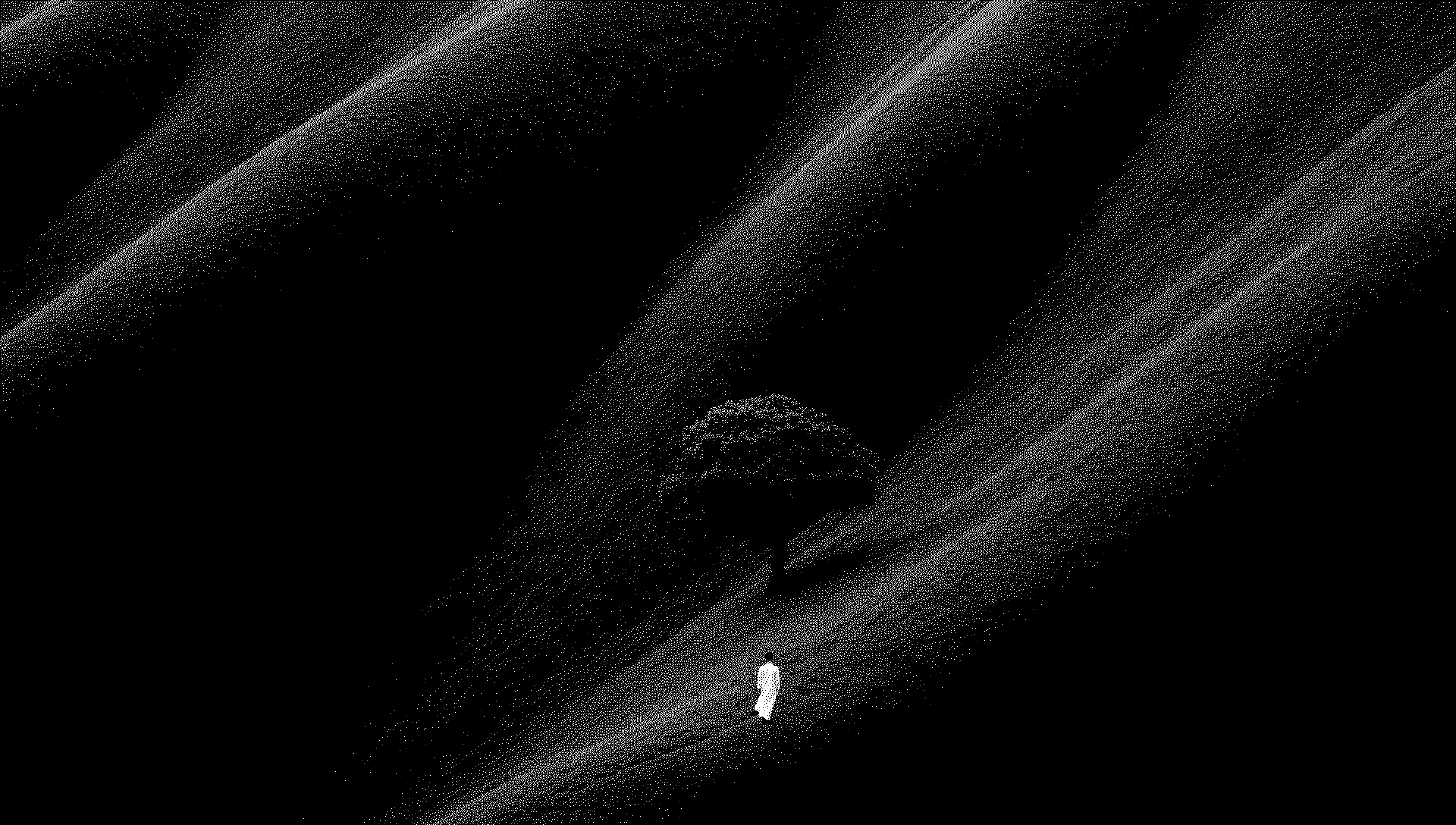 A lone figure walking towards a tree on rolling hills, rendered in sparse particles