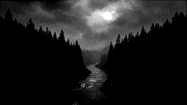 Dithered landscape of a river valley with pine trees