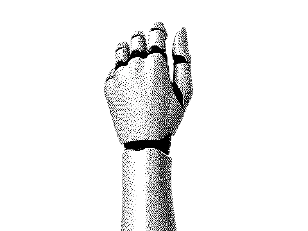 Dithered robotic hand raised against a black background
